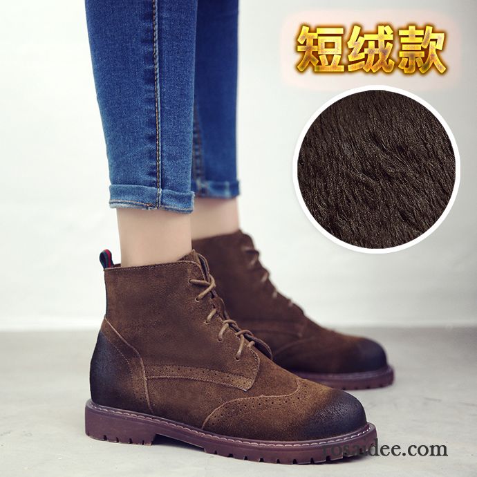 Bequeme Schuhe Damen England Herbst Erhöht Plus Samt Gefrostet Echtleder Schnürung Baumwolle Schuhe Damen Retro Winter Kurze Martin Stiehlt Flache