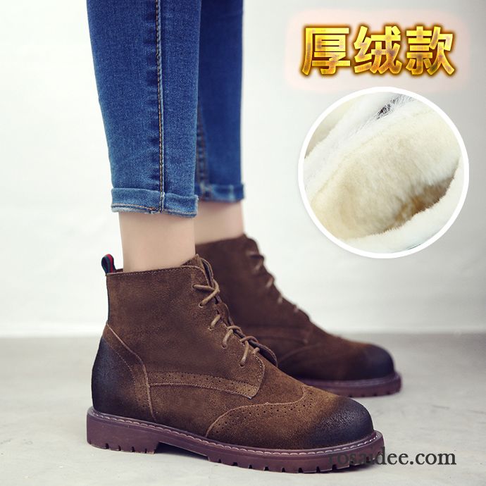 Bequeme Schuhe Damen England Herbst Erhöht Plus Samt Gefrostet Echtleder Schnürung Baumwolle Schuhe Damen Retro Winter Kurze Martin Stiehlt Flache