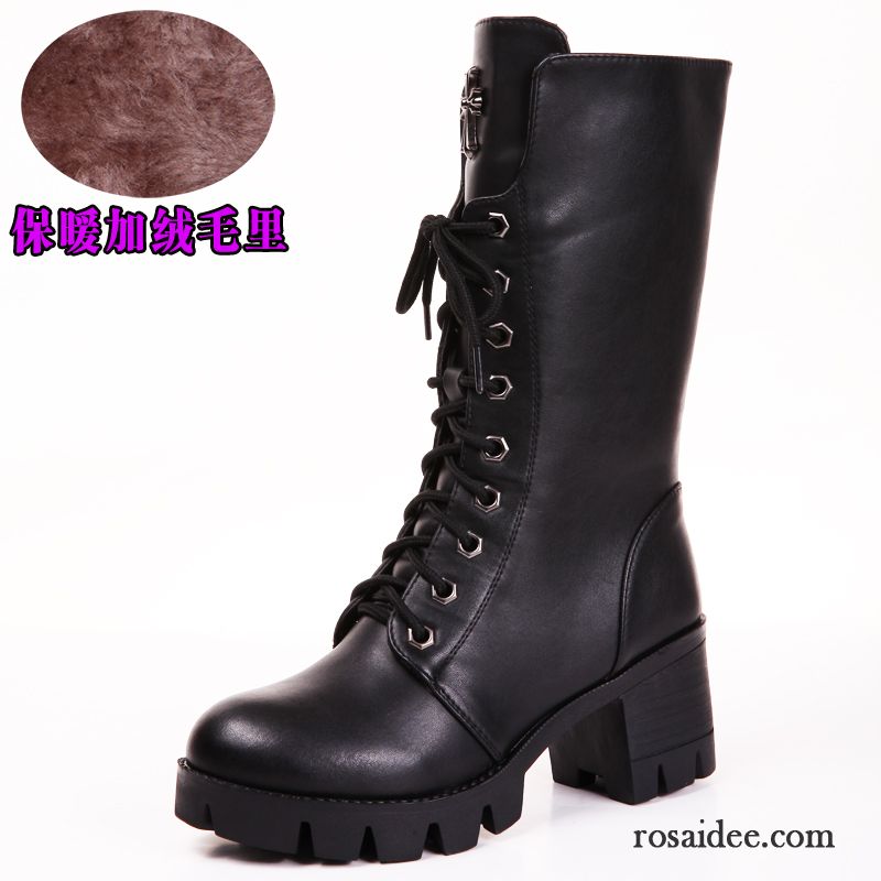 Bikerstiefel Damen Schwarz Winter Herbst Plus Samt Dick Schuhe Kurze Hochhackigen Echtleder Martin Stiehlt England Damen Verkaufen