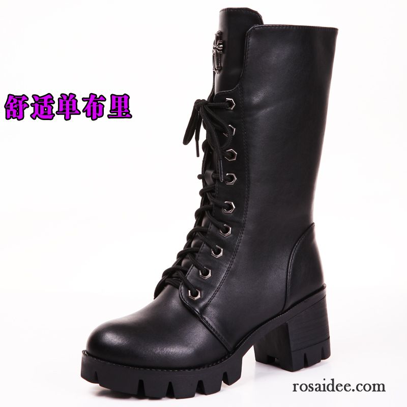 Bikerstiefel Damen Schwarz Winter Herbst Plus Samt Dick Schuhe Kurze Hochhackigen Echtleder Martin Stiehlt England Damen Verkaufen