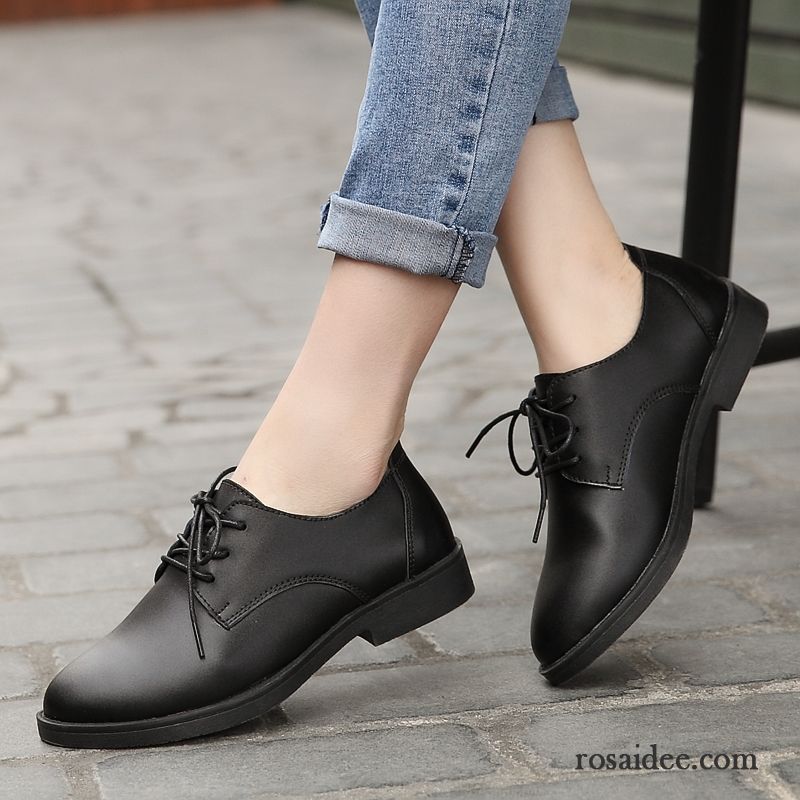 Blaue Leder Schuhe Schnürung Echtleder Allgleiches Flache Schwarz Schnürschuhe Feder Runde Zehe Damen Herbst Casual England Lederschuhe Verkaufen