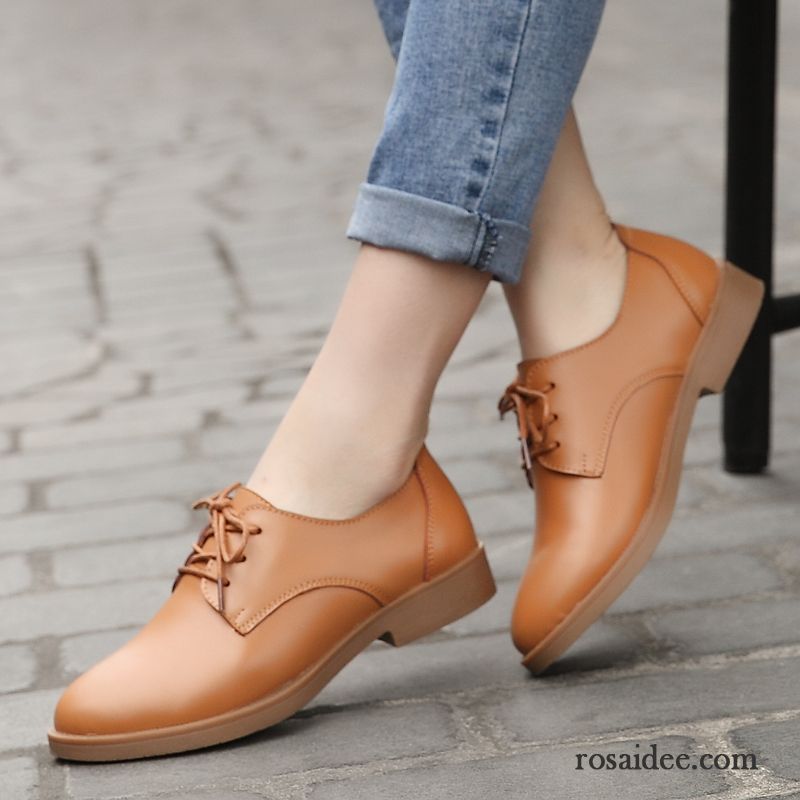 Blaue Leder Schuhe Schnürung Echtleder Allgleiches Flache Schwarz Schnürschuhe Feder Runde Zehe Damen Herbst Casual England Lederschuhe Verkaufen