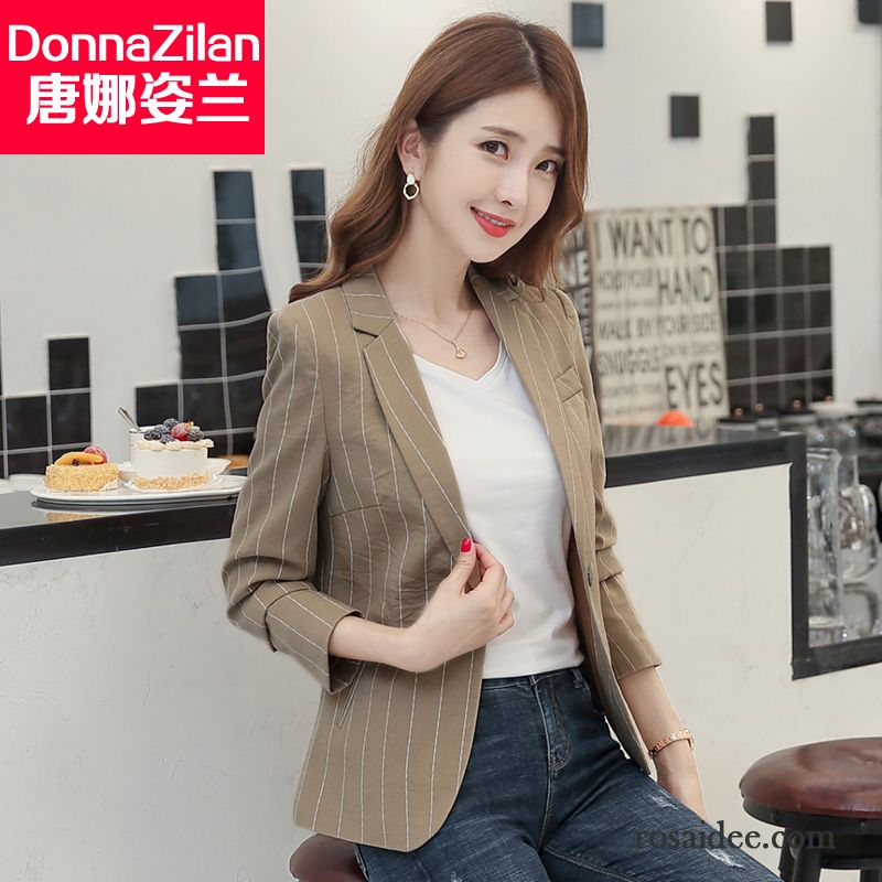 Blazer Damen Dünn Überzieher Schlank Mantel Neu Streifen Khaki