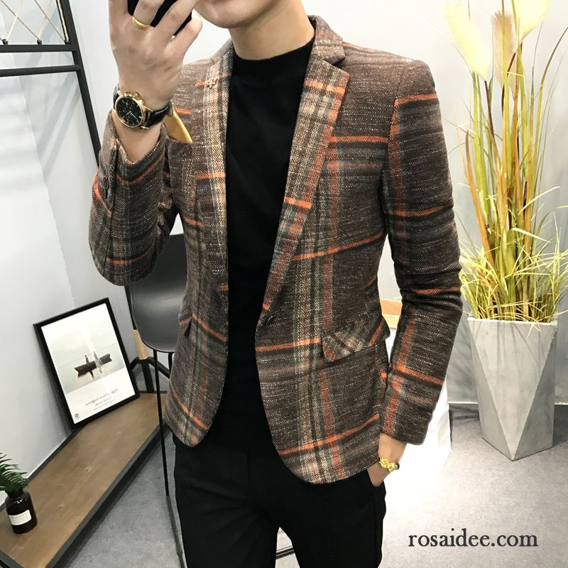 Blazer Dunkelblau Slim Fit Herbst Herren Braun Jugend Trend Freizeit Gitter Wolle Blazer Schlank Anzüg England Verkaufen