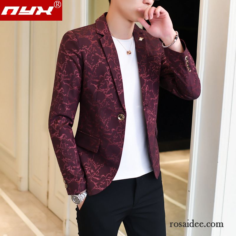 Blazer Herren Freizeit Schlank Drucken Trend England Überzieher Bordeauxrot