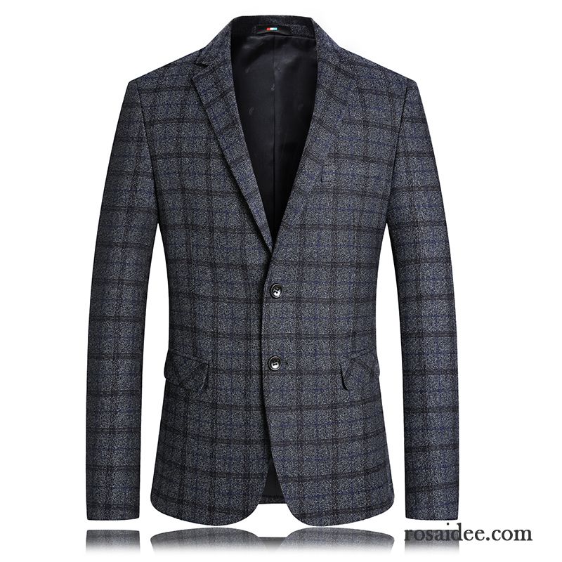 Blazer Herren Gitter Kostüm Schlank Winter Anzüg Trend Grau