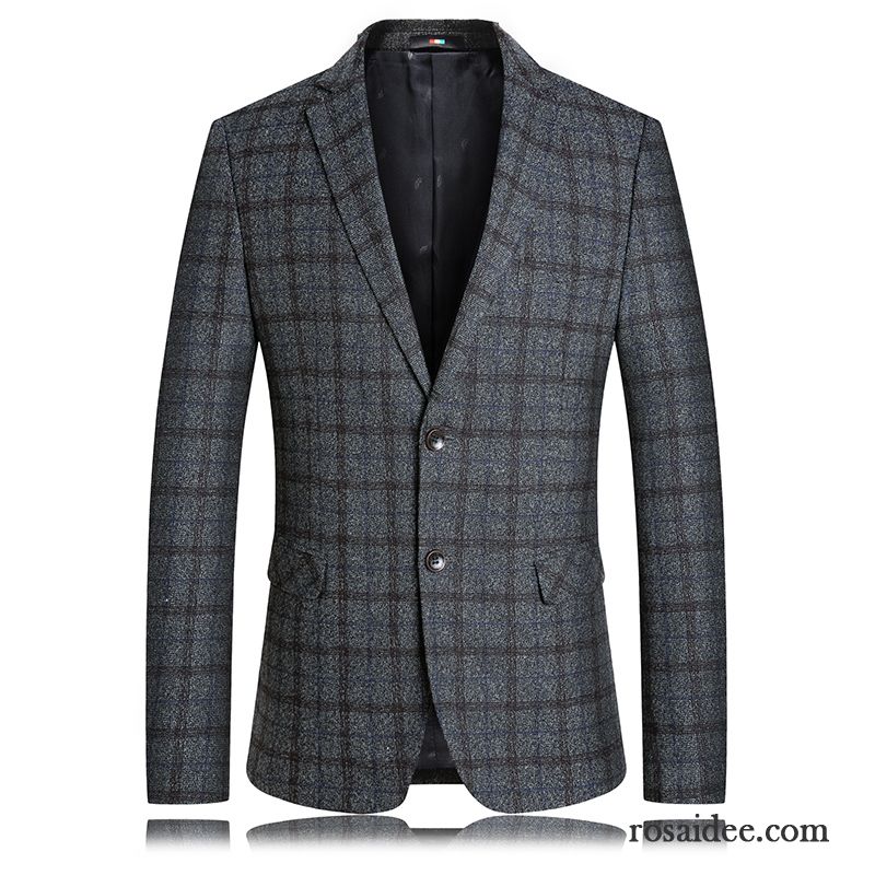 Blazer Herren Gitter Kostüm Schlank Winter Anzüg Trend Grau