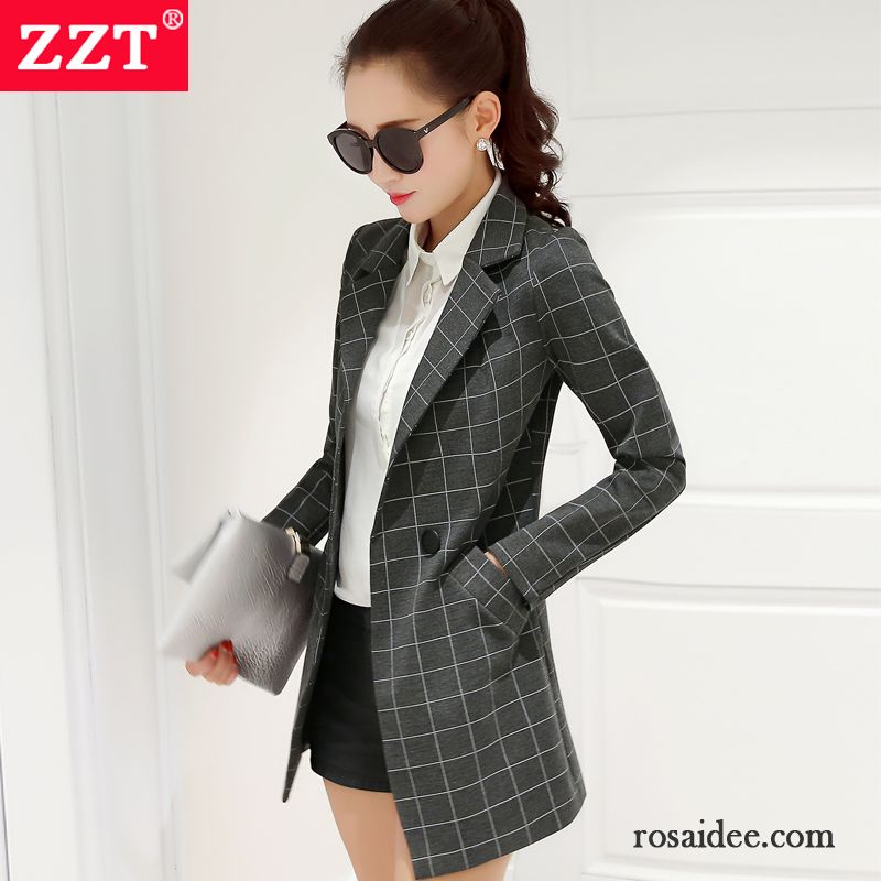 Chiffon Blazer Hellblau Gitter Überzieher Schlank Langer Abschnitt Anzüge Herbst Lange Ärmel Damen Neu Blazer Günstig