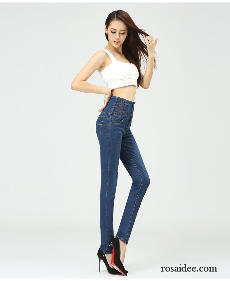 Damen Jeans Dark Blue Elastisch Viele Jeans Große Größe Bleistift Hose Damen Schaltflächen Sortieren Hohe Taille Verkaufen