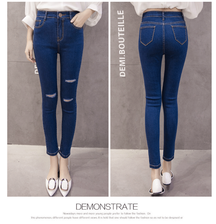 Damen Jeans Gummibund Hohe Taille Dünn Neunte Hose Löcher Elastisch Schwarz Jeans Bleistift Hose Schlank Damen Kaufen