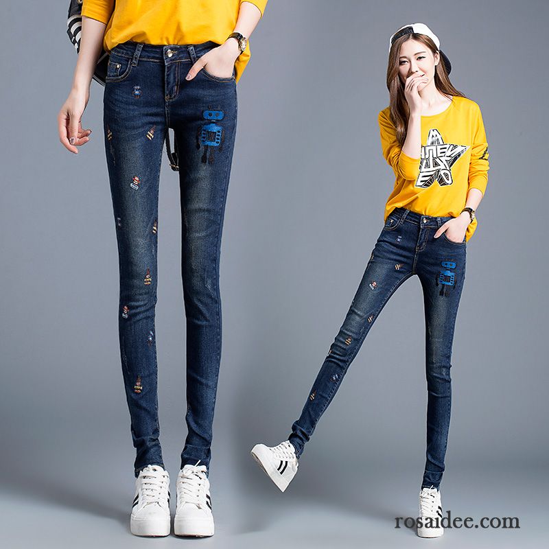 Damen Jeans Weiß Damen Dünn Neu Bleistift Hose Elastisch Herbst Trend Jeans Stickerei