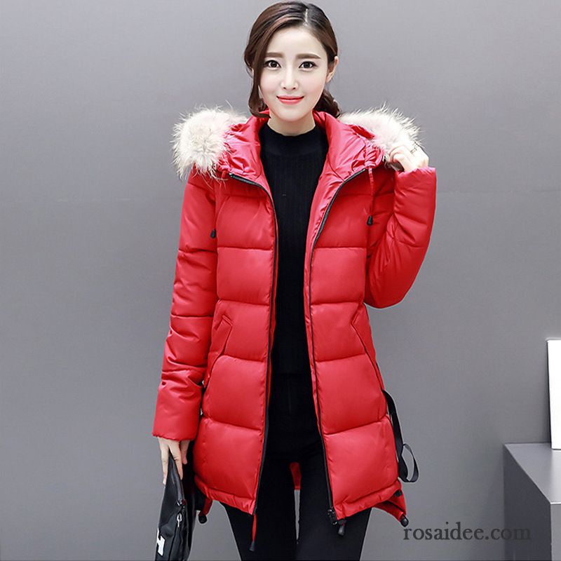 Damen Winterjacke Rot Langer Abschnitt Waschbär Pelz Kragen Neu Baumwolle Winter Überzieher Schlank Damen Große Größe Günstig