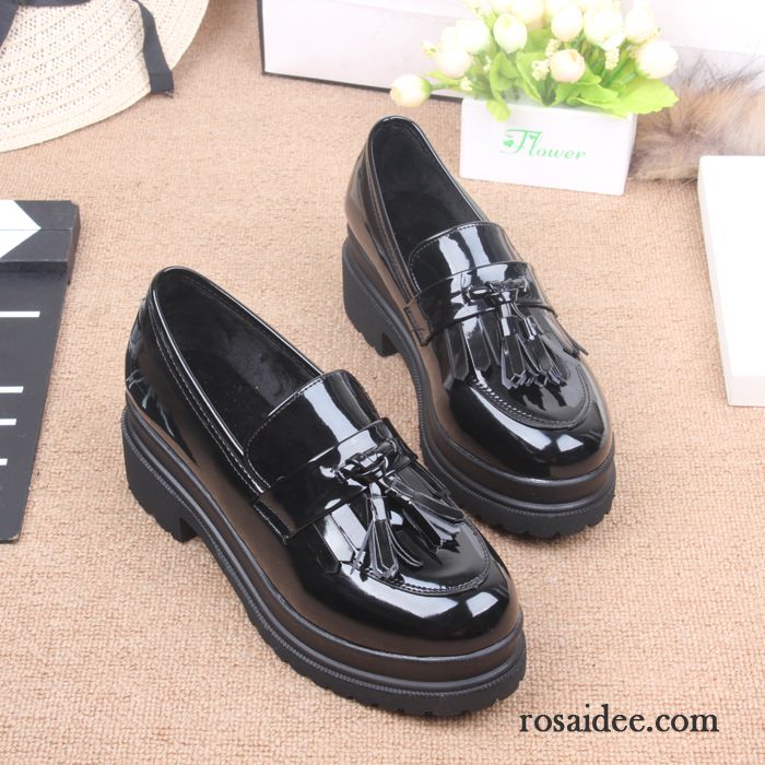 Damenschuhe Leder Schwarz Retro Dicke Sohle Damen Schuhe Trend Herbst Neue Feder Lederschuhe Lackleder Quaste Schnürschuhe England Kaufen