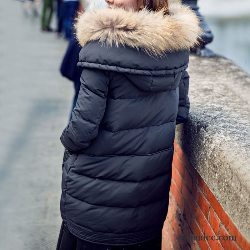 Daunenjacke Schwarz Glänzend Neu Langer Abschnitt Freizeit Überzieher Damen Winterkleidung Pelz Kragen Waschbär Kapuze Daunenjacke Günstig