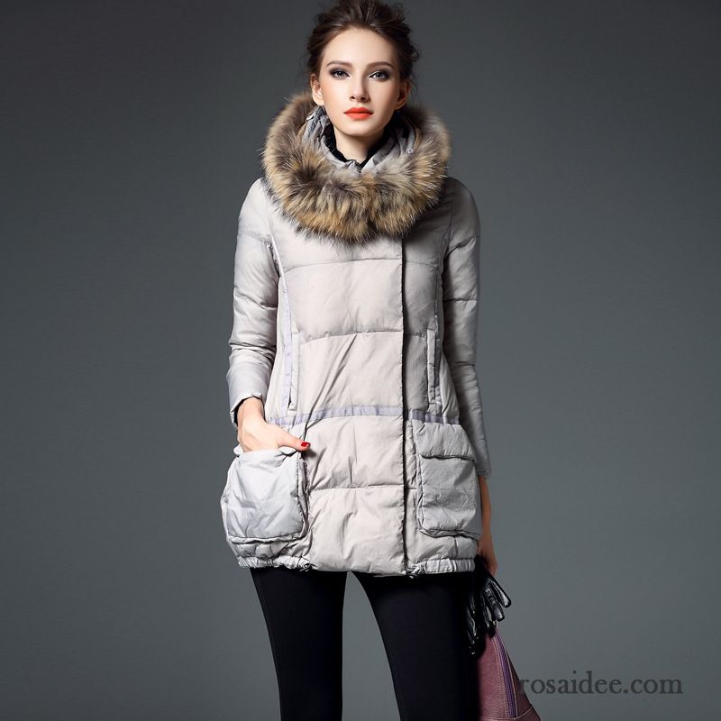 Daunenjacke Ultraleicht Luxuriös Schlank Großer Pelzkragen Winterkleidung Waschbär Überzieher Neu Daunenjacke Damen Langer Abschnitt Sale