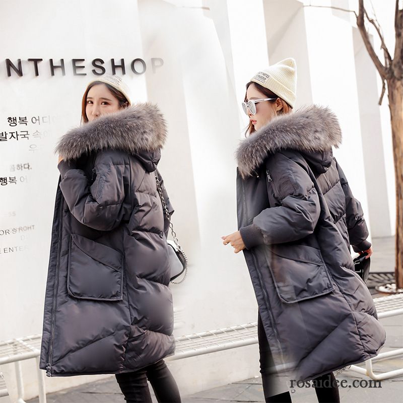 Daunenjacken Damen Langer Abschnitt Winter Groß Überzieher Tasche Pelz Kragen Weiß Schwarz