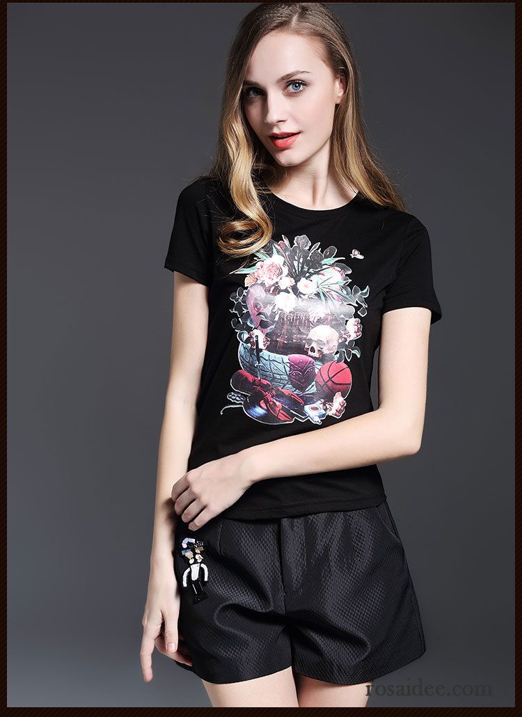 Dunkelblaues T Shirt Damen Baumwolle Sommer Feder Damen Trend Schädel Rose Freizeit Allgleiches Kaufen