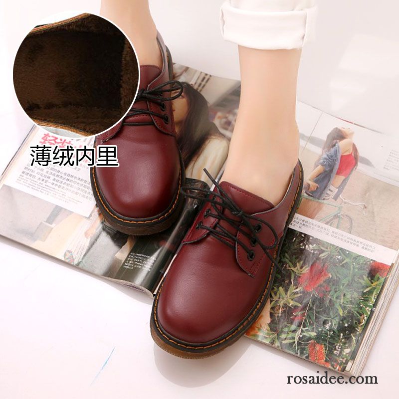 Exklusive Schuhe Damen Winter Feder Schüler Plus Samt Retro Flache Schuhe Herbst Schnürschuhe Damen Runde Zehe Oxford Casual Lederschuhe England Schwarz Kaufen