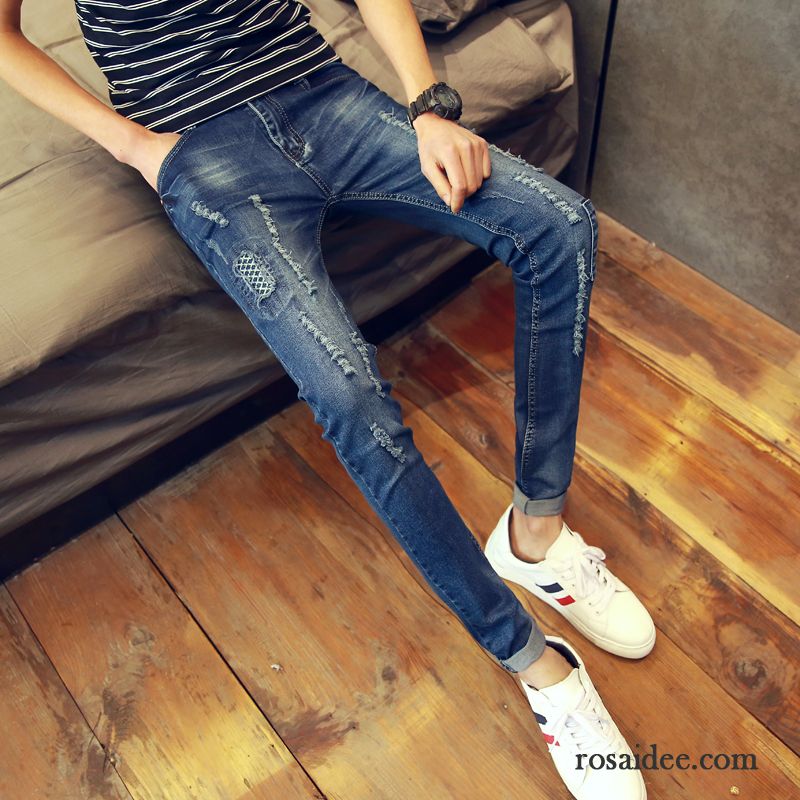 Farbige Jeans Herren Trend Herbst Hose Blau Hell Herren Fest Dünn Schlank Schmales Bein Elastisch Löcher Jeans Rabatt