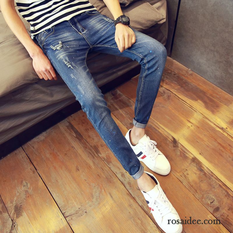 Farbige Jeans Herren Trend Herbst Hose Blau Hell Herren Fest Dünn Schlank Schmales Bein Elastisch Löcher Jeans Rabatt