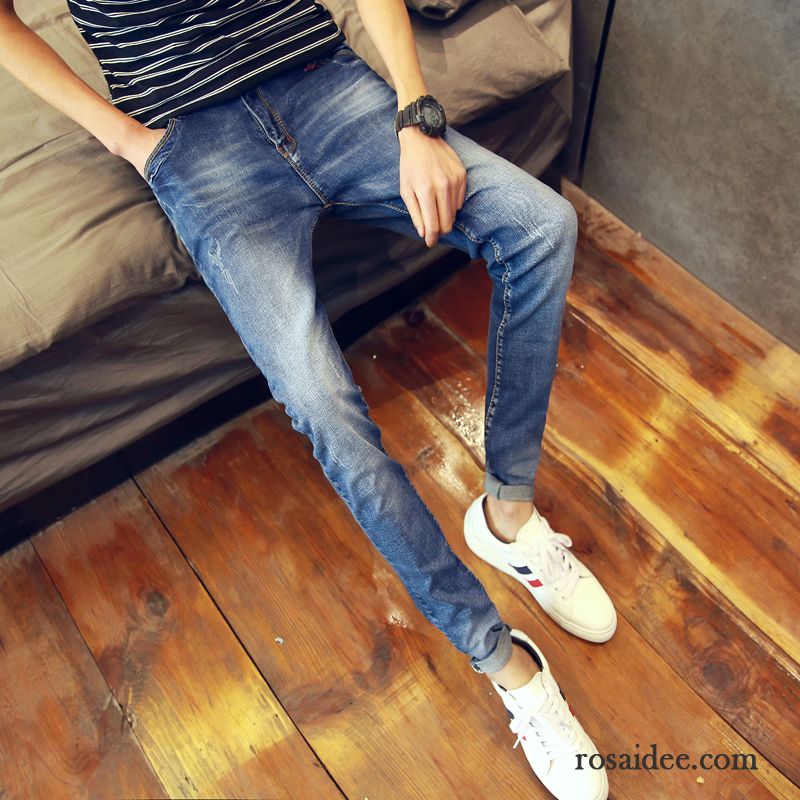 Farbige Jeans Herren Trend Herbst Hose Blau Hell Herren Fest Dünn Schlank Schmales Bein Elastisch Löcher Jeans Rabatt