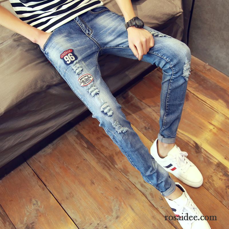 Farbige Jeans Herren Trend Herbst Hose Blau Hell Herren Fest Dünn Schlank Schmales Bein Elastisch Löcher Jeans Rabatt