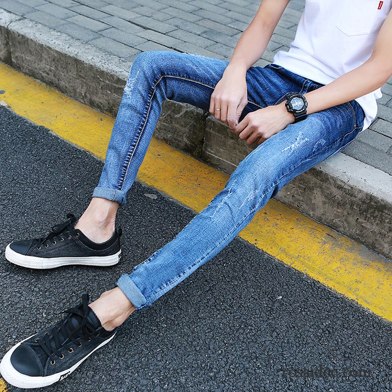 Farbige Jeans Herren Trend Herbst Hose Blau Hell Herren Fest Dünn Schlank Schmales Bein Elastisch Löcher Jeans Rabatt