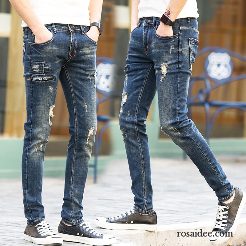 Farbige Jeans Herren Trend Herbst Hose Blau Hell Herren Fest Dünn Schlank Schmales Bein Elastisch Löcher Jeans Rabatt