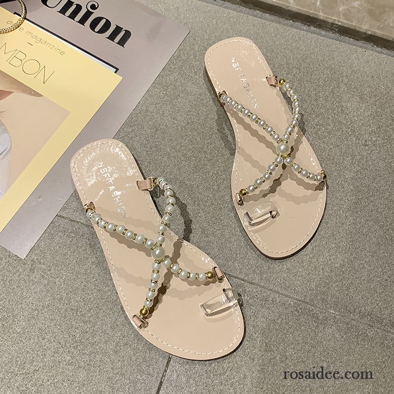 Flip Flops Damen Hausschuhe Faul Allgleiches Neue Sommer Perle Sandfarben Weiß Beige Rot