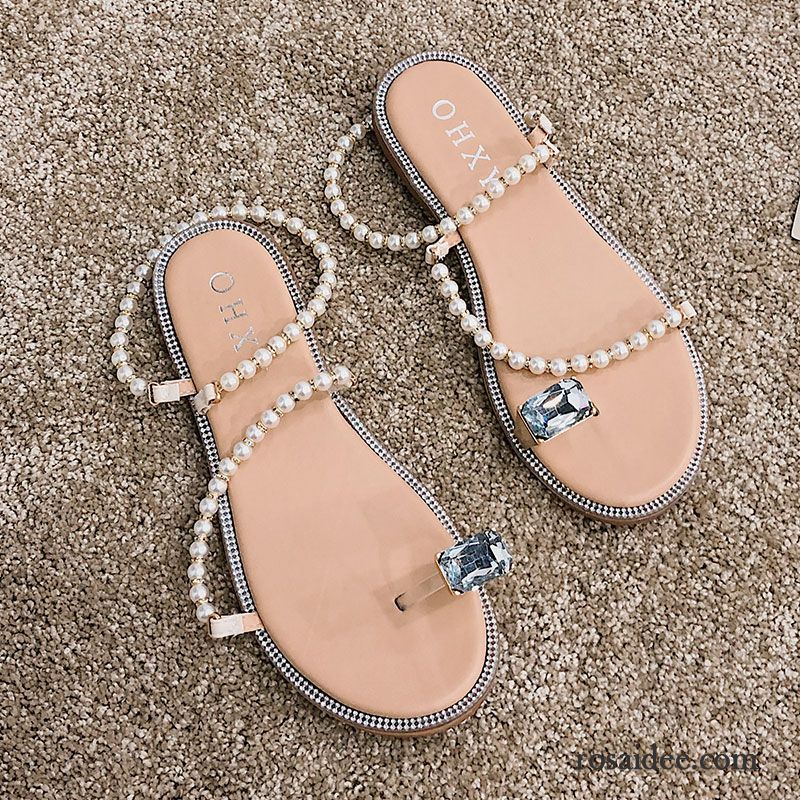 Flip Flops Damen Schuhe Sandalen Perle Rom Strasssteine Pantolette Sandfarben Schwarz