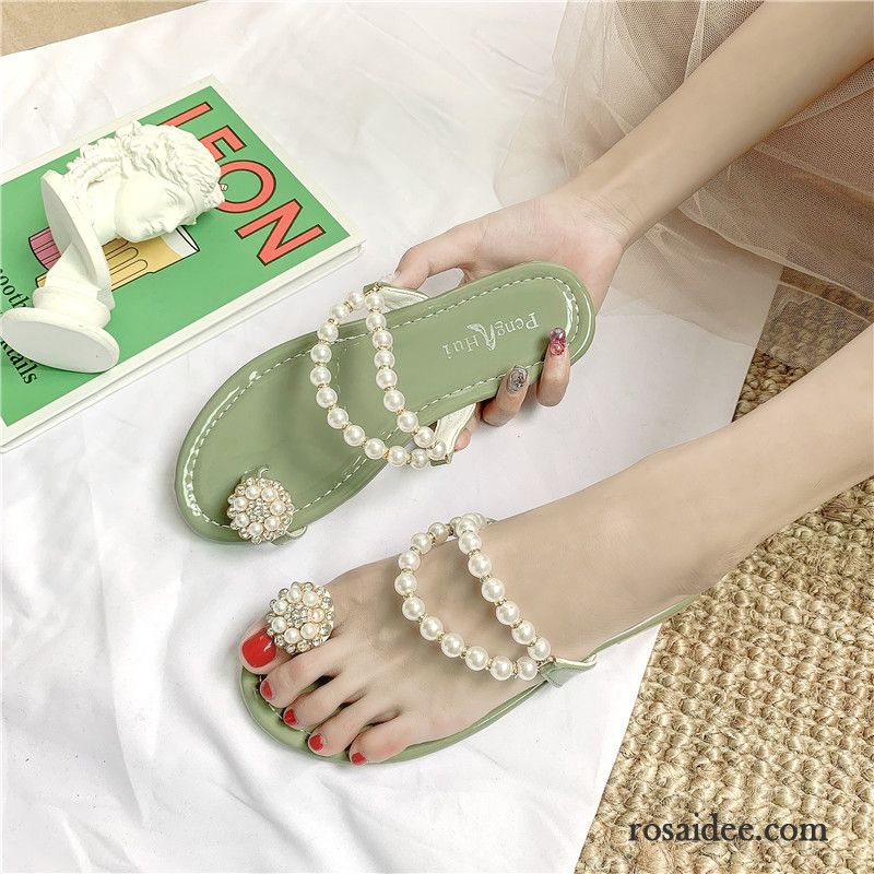 Flip Flops Damen Trend Flache Perle Hausschuhe Sommer Pantolette Grün Sandfarben