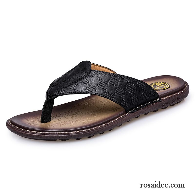 Flip Flops Herren Echtleder Casual Große Größe Pantolette Sommer Tragen Sandfarben Braun