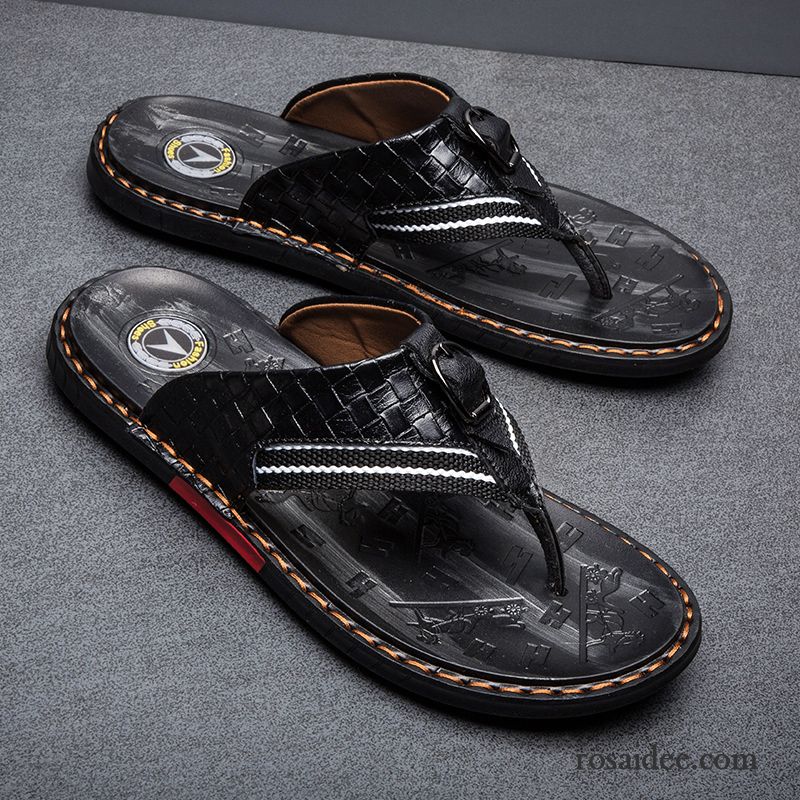 Flip Flops Herren Echtleder Persönlichkeit Weiche Sohle Sommer Hausschuhe Trend Sandfarben Schwarz