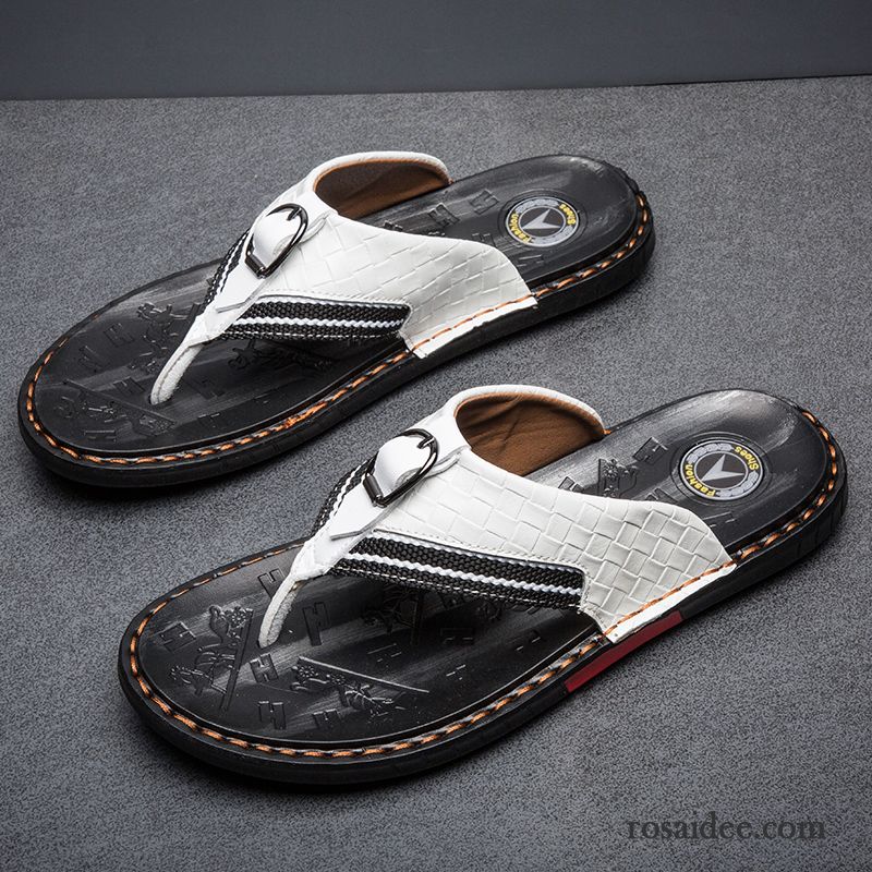 Flip Flops Herren Echtleder Persönlichkeit Weiche Sohle Sommer Hausschuhe Trend Sandfarben Schwarz