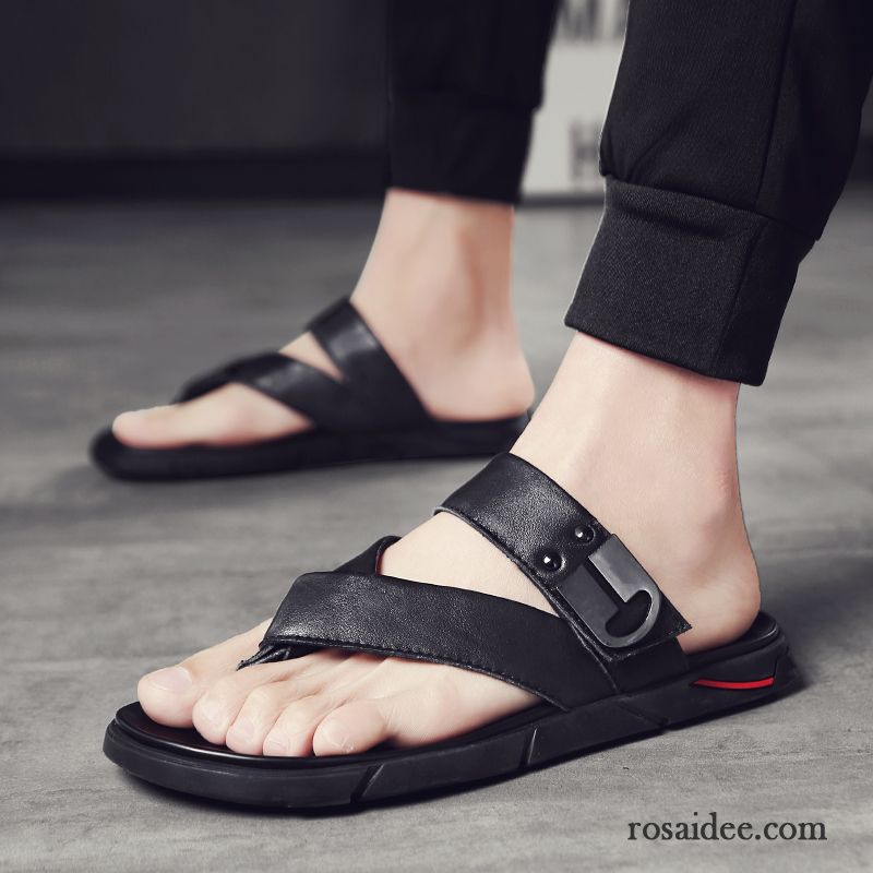 Flip Flops Herren Echtleder Rutschsicher Hausschuhe Trend Allgleiches Sommer Schwarz