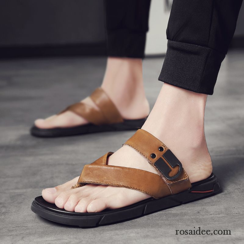 Flip Flops Herren Echtleder Rutschsicher Hausschuhe Trend Allgleiches Sommer Schwarz