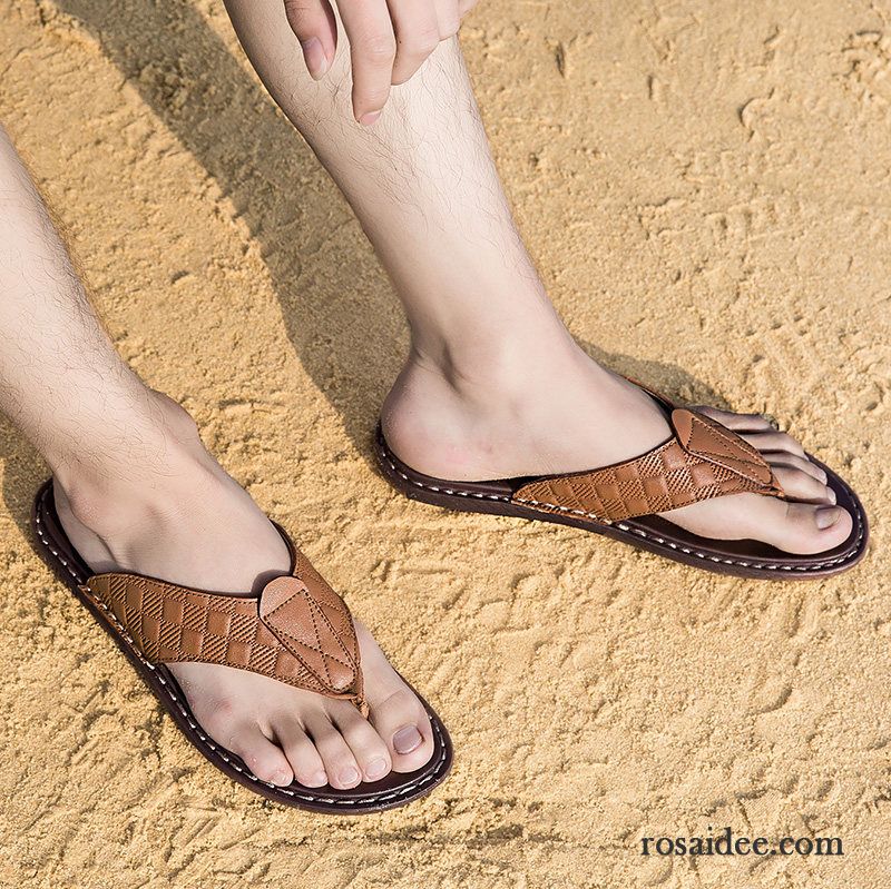 Flip Flops Herren Rutschsicher Weiche Sohle Trend Sommer Echtleder Schuhe Sandfarben Schwarz