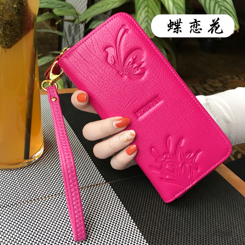Geldbörse Damen Neu Brieftasche Elegant Langer Abschnitt Echt Leder Brieftaschen Dunkelrosa
