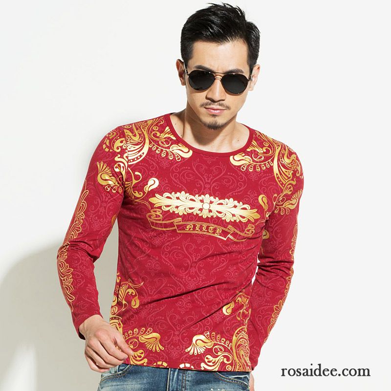 Grünes T Shirt Herren Lange Ärmel Unteres Hemd Drucken Herbst Trend Winter Herren Schlank Neu Golden Chinesischer Stil Günstig