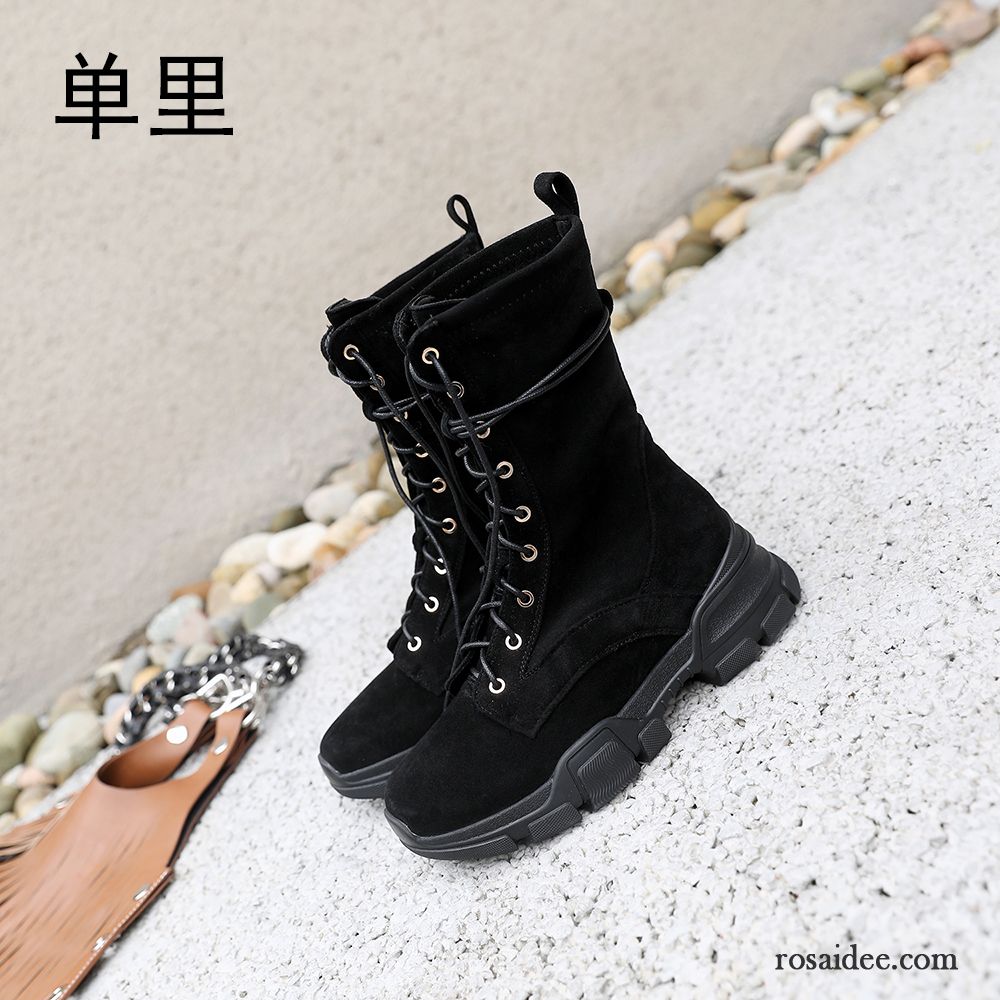 Günstige Schuhe Damen Herbst Damen Runde Zehe Schwarz Echtleder Dicke Sohle England Retro Martin Stiehlt Kurze Stiefel Schnürung Schüler Günstig