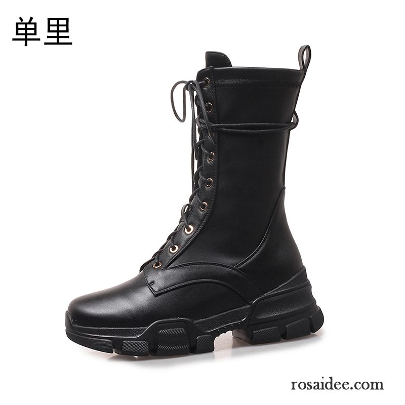 Günstige Schuhe Damen Herbst Damen Runde Zehe Schwarz Echtleder Dicke Sohle England Retro Martin Stiehlt Kurze Stiefel Schnürung Schüler Günstig