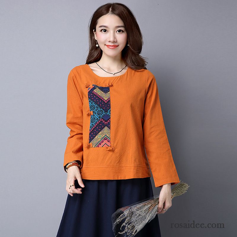Günstige T Shirts Spleißen Nationalen Stil Lange Ärmel Trend Neu Lose Herbst Mantel Baumwolle Damen Unteres Hemd Kaufen