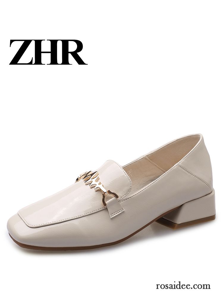 Halbschuhe Damen Feder England Lederschuhe Vierkantkopf Neue Dick Beige Farbe Hell