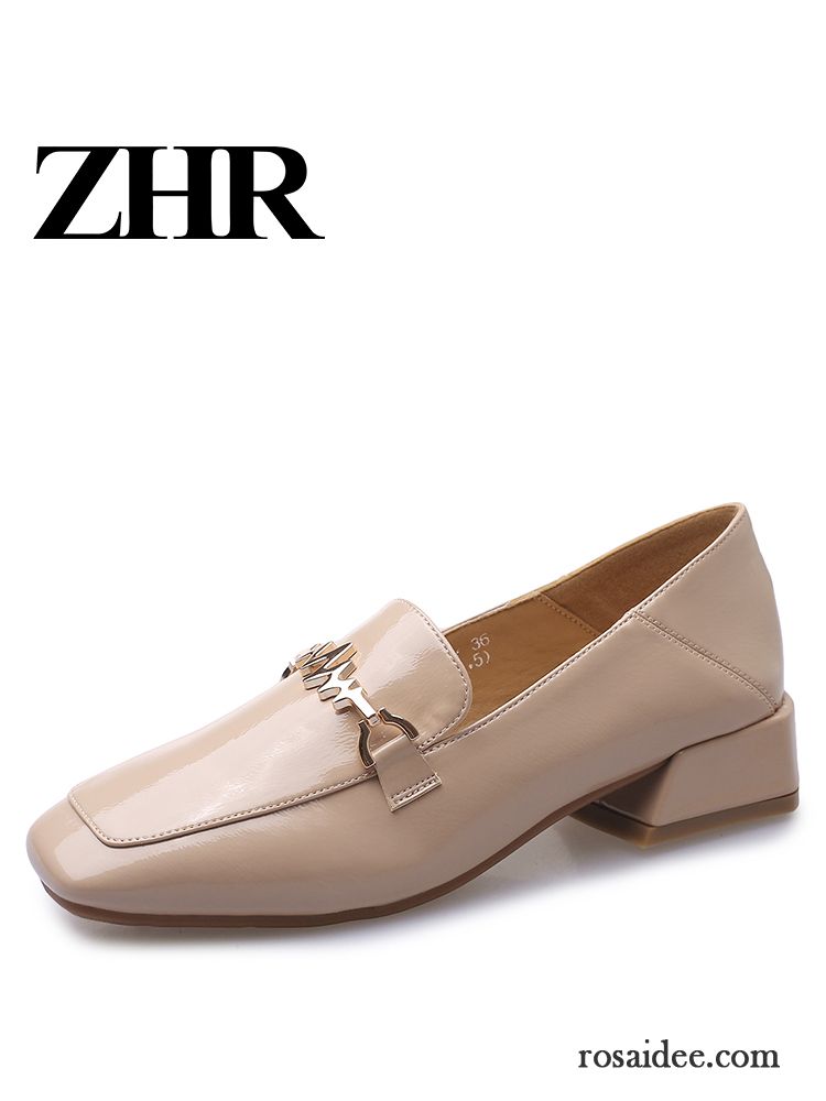 Halbschuhe Damen Feder England Lederschuhe Vierkantkopf Neue Dick Beige Farbe Hell