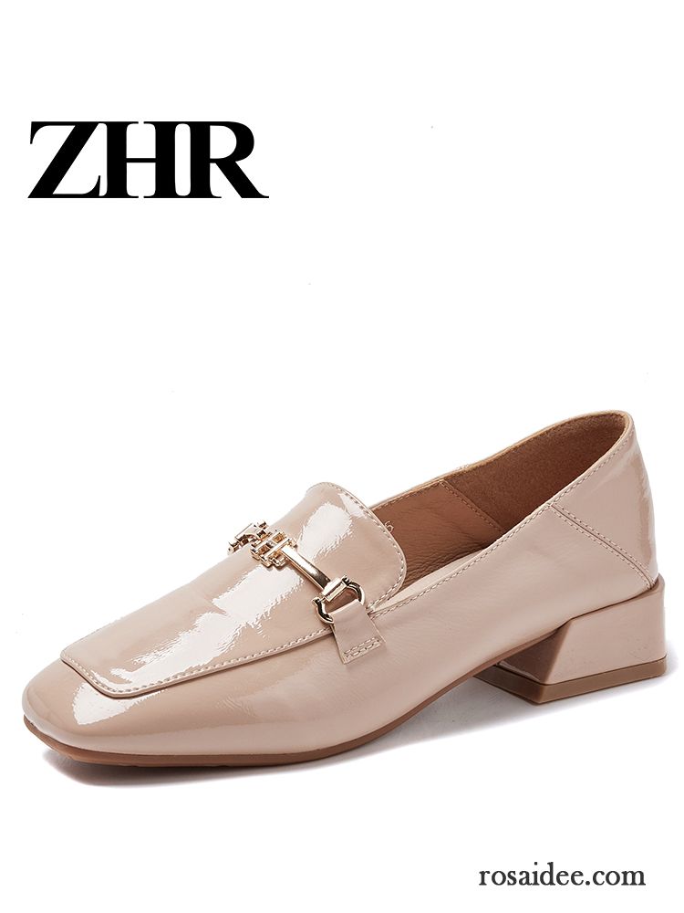 Halbschuhe Damen Feder England Lederschuhe Vierkantkopf Neue Dick Beige Farbe Hell