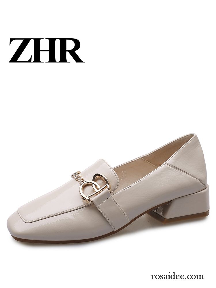 Halbschuhe Damen Feder England Lederschuhe Vierkantkopf Neue Dick Beige Farbe Hell