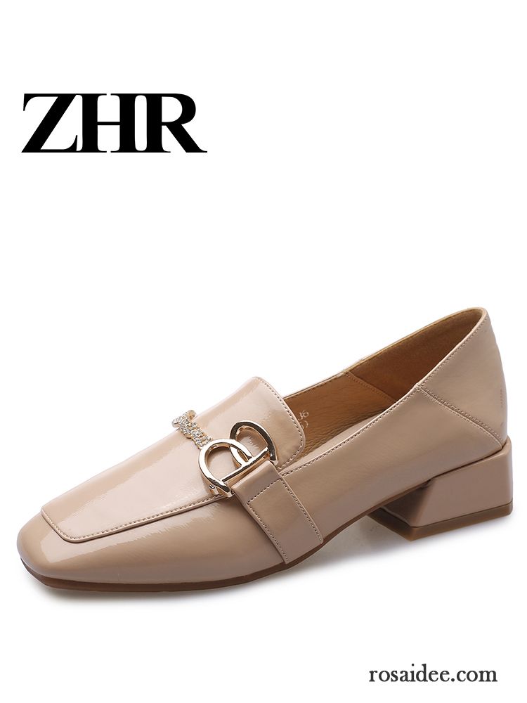 Halbschuhe Damen Feder England Lederschuhe Vierkantkopf Neue Dick Beige Farbe Hell