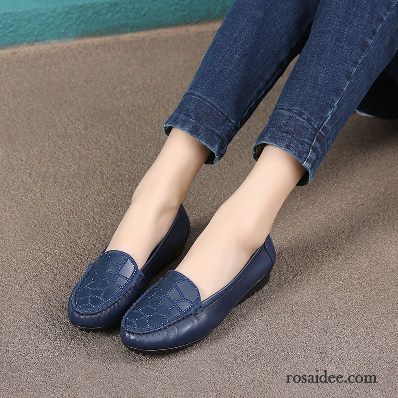 Halbschuhe Damen Flache Weiche Sohle Lederschuhe Schnürschuhe Gemütlich Casual Blau