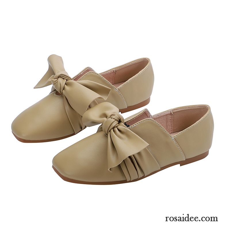 Halbschuhe Damen Retro Feder Schnürschuhe Neue Bogen Flache Beige Farbe