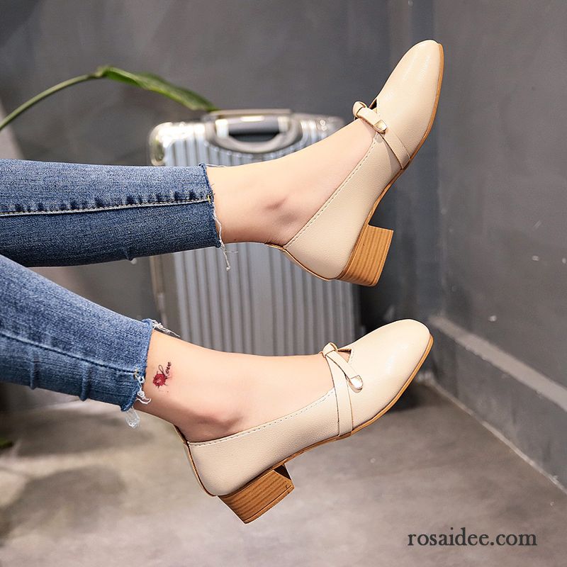 Halbschuhe Damen Retro Vierkantkopf Flache Schuhe Schnürschuhe Neue Feder Beige Hell